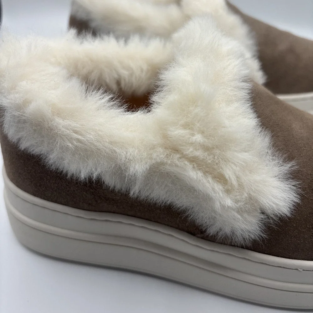 J Slides NYC Taupe Suede Neel Fur Trim Slip On Sneaker‎ Size 6M